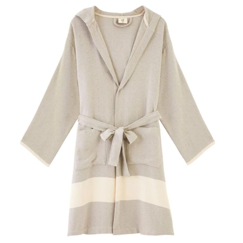 Vi'cotton Hooded Turkish Towel Robe with Pockets, Grey Geometric Pattern, Small